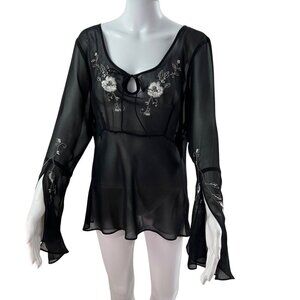 New York & Co. Women L Fairycore Embroidery Sheer Romantic Goth Top Bell Sleeves